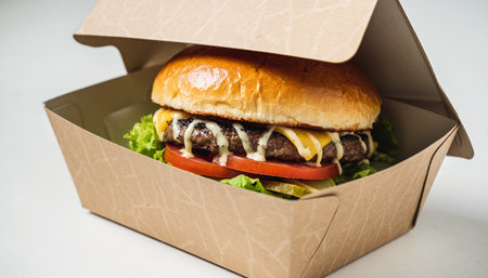 Close up of hamburger in take away box on white background.の素材