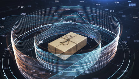 Gift box on abstract digital background with binary code. Technology concept. 3D Renderingの素材