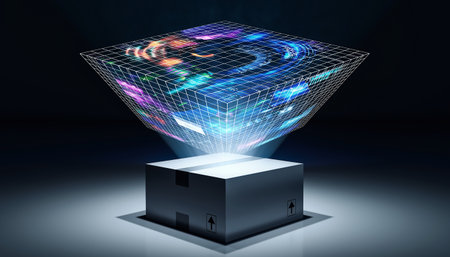 3d rendering of a box with abstract hologram on dark backgroundの素材