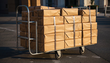 Cardboard boxes on a trolley in the parking lot of a shopping centerの素材