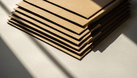 Stack of cardboard boxes on white background with hard shadows and sunlight.の素材
