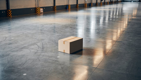 Cardboard box on the floor of a warehouse. 3d renderingの素材