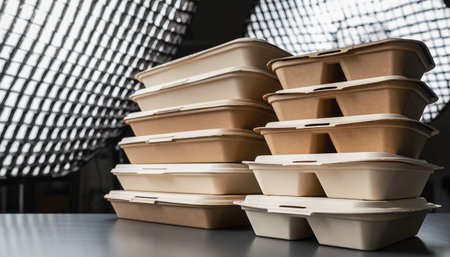 close-up view of cardboard boxes with food on table in cafeの素材
