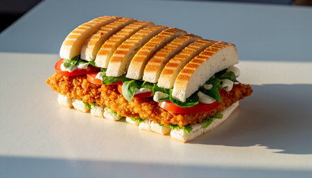 Sandwich with chicken, cheese and vegetables on a white background.の素材