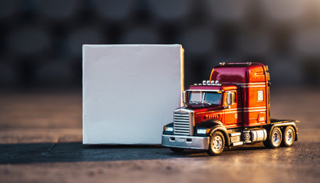 Truck with blank poster on wooden background. Transportation and shipping conceptの素材