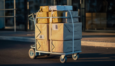 Trolley with cardboard boxes on the street. Trolley with parcels in the cityの素材