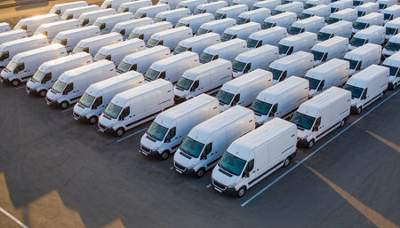 Aerial view of a row of white delivery trucks parked in a distribution centerの素材