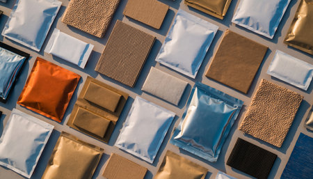 top view of different types of fabric swatches arranged on wooden shelfの素材