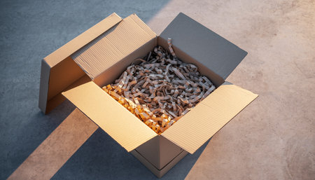 Open cardboard box with metal chain on concrete background. 3d renderingの素材