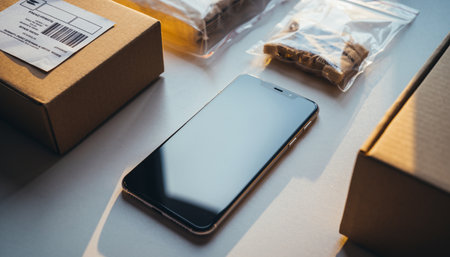 Mockup image of smart phone with blank screen and parcels on tableの素材