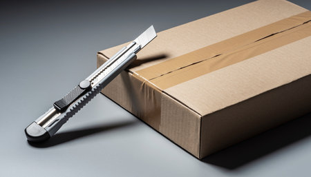 Cardboard box with knife and cutter on grey background, delivery conceptの素材