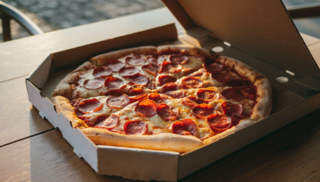 Pepperoni pizza in a cardboard box on a wooden table.の素材