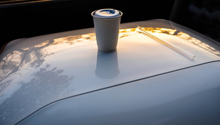Coffee cup on a white car in the evening light.の素材
