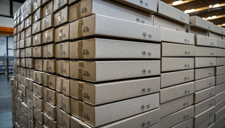 Pile of boxes in warehouse. Selective focus. Shallow depth of fieldの素材