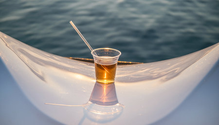 A glass of beer on the deck of a yacht. Selective focus.の素材