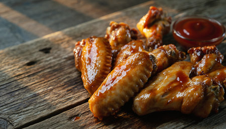 Grilled chicken wings with barbecue sauce on wooden table, closeupの素材