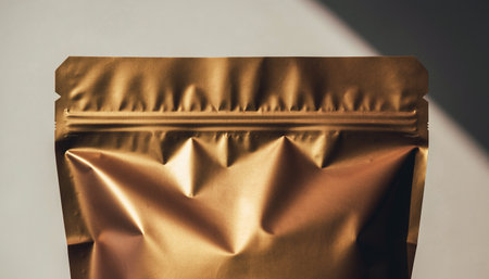 Close up of a golden foil bag on a white background with shadowの素材