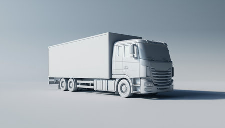 White commercial delivery truck on a gray background. 3d rendering.の素材