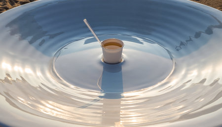 A cup of coffee on the background of a blue plate with a spoonの素材