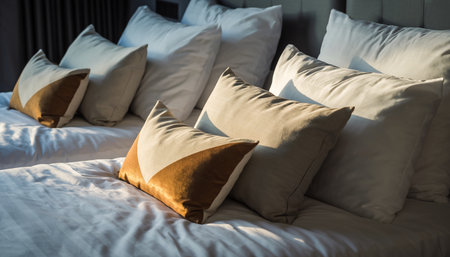 close up of white pillow on bed decoration in bedroom interior - Vintage Light Filterの素材