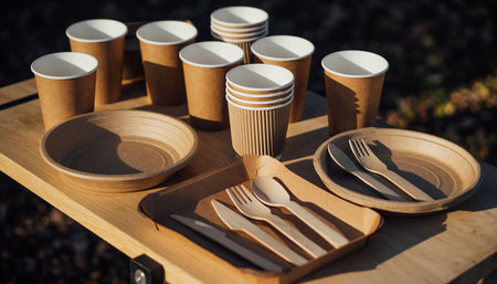 Eco friendly disposable tableware on a wooden table in the gardenの素材
