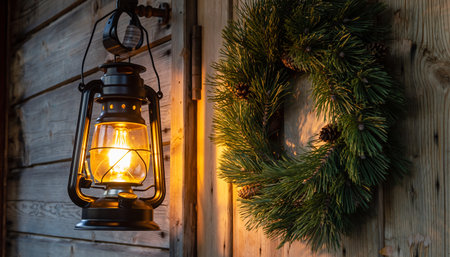 Lantern with Christmas wreath on the background of wooden wallの素材