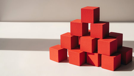 Stack of red wooden cubes on white background. 3D rendering.の素材
