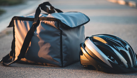 Bicycle helmet and bag on the road. Bicyclist concept.の素材