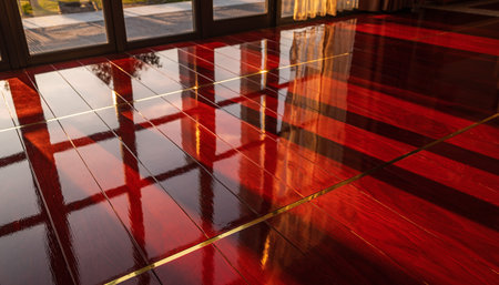 Red wooden floor in a hotel lobby with reflection of the window.の素材
