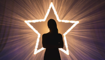 Woman in front of a star shaped light background. 3d renderingの素材