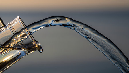 Water splashing out of a glass on a background of the sunsetの素材
