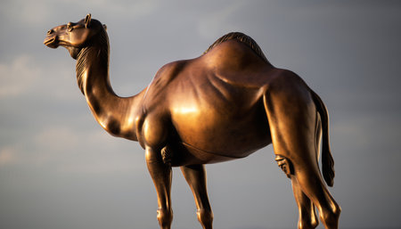 Statue of a camel against the background of the evening sky.の素材