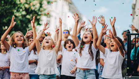 Group of happy kids having fun at a music festival on a summer dayの素材