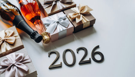 New Year's Eve celebration with champagne, gift boxes and numbers 2020の素材