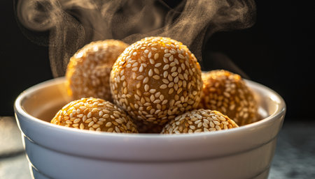 Bowl of sesame balls with smoke on a dark background.の素材