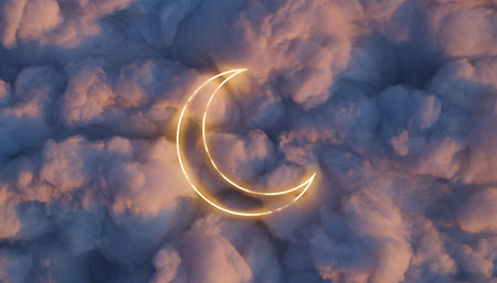 Crescent moon in the cloudy sky. 3d render illustration.の素材