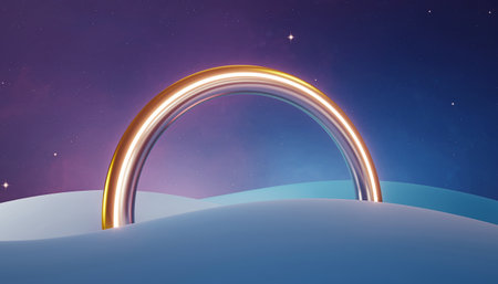 Abstract 3D illustration of winter landscape with round arch and snow.の素材