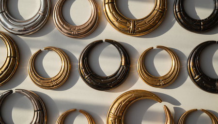 3d render of golden rings on white background. Top view.の素材