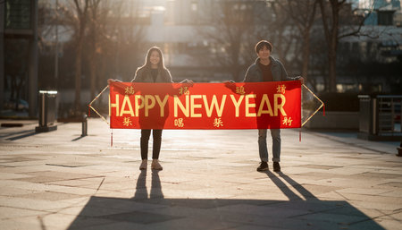 Young couple holding a red banner with the text Happy New Year.の素材