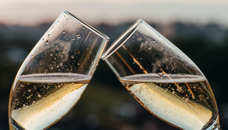 Two glasses of champagne on the background of the sunset. Close-up.の素材