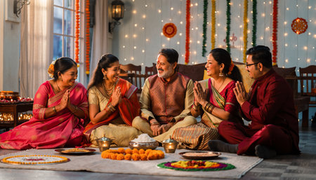 Indian family celebrating Diwali or Deepavali festival in Indiaの素材