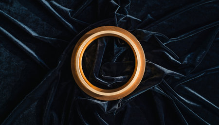 Top view of golden round frame on black velvet background, copy spaceの素材