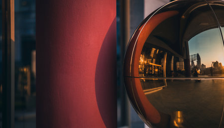 Reflection of the city in the mirror of a street lamp.の素材