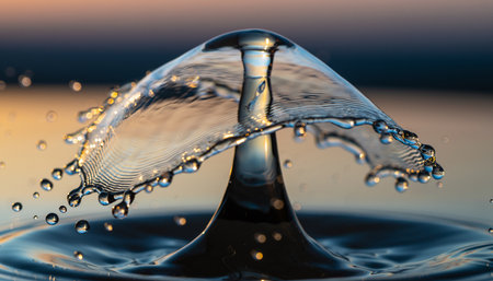 Falling drops of water. Splash effect after collision a falling drops with water Surfaceの素材