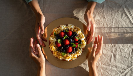 Top view of female hands holding a cake with fresh berries on the table.の素材