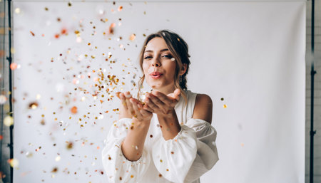 Portrait of a beautiful young woman blowing confetti in the airの素材