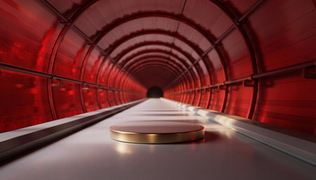 3D rendering of a golden podium in a futuristic space tunnel.の素材
