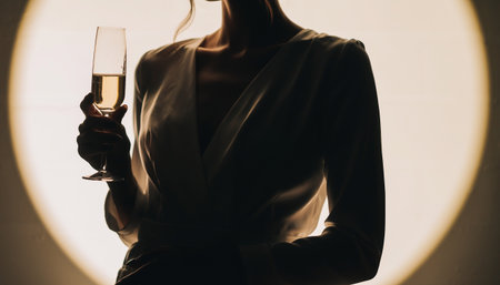cropped shot of businesswoman holding glass of champagne in light roomの素材