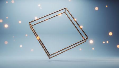 3d rendering of a golden square frame on a blue background.の素材