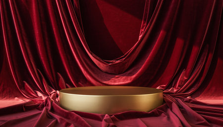 Golden podium on red velvet background. 3d render. Mock upの素材
